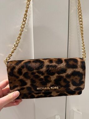 Michael Kors Leopard Print Calf Hair Chain Crossbody Gold Hardware